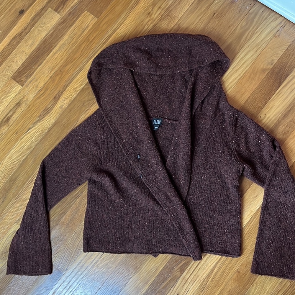 EILEEN FISHER relaxed fit hooded brown cardigan w/ pin closure Sz Meduim